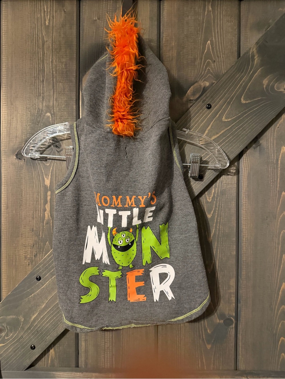 Mommy's Little Monster Hooded Toddler Vest - Gray with Orange & Green Medium
